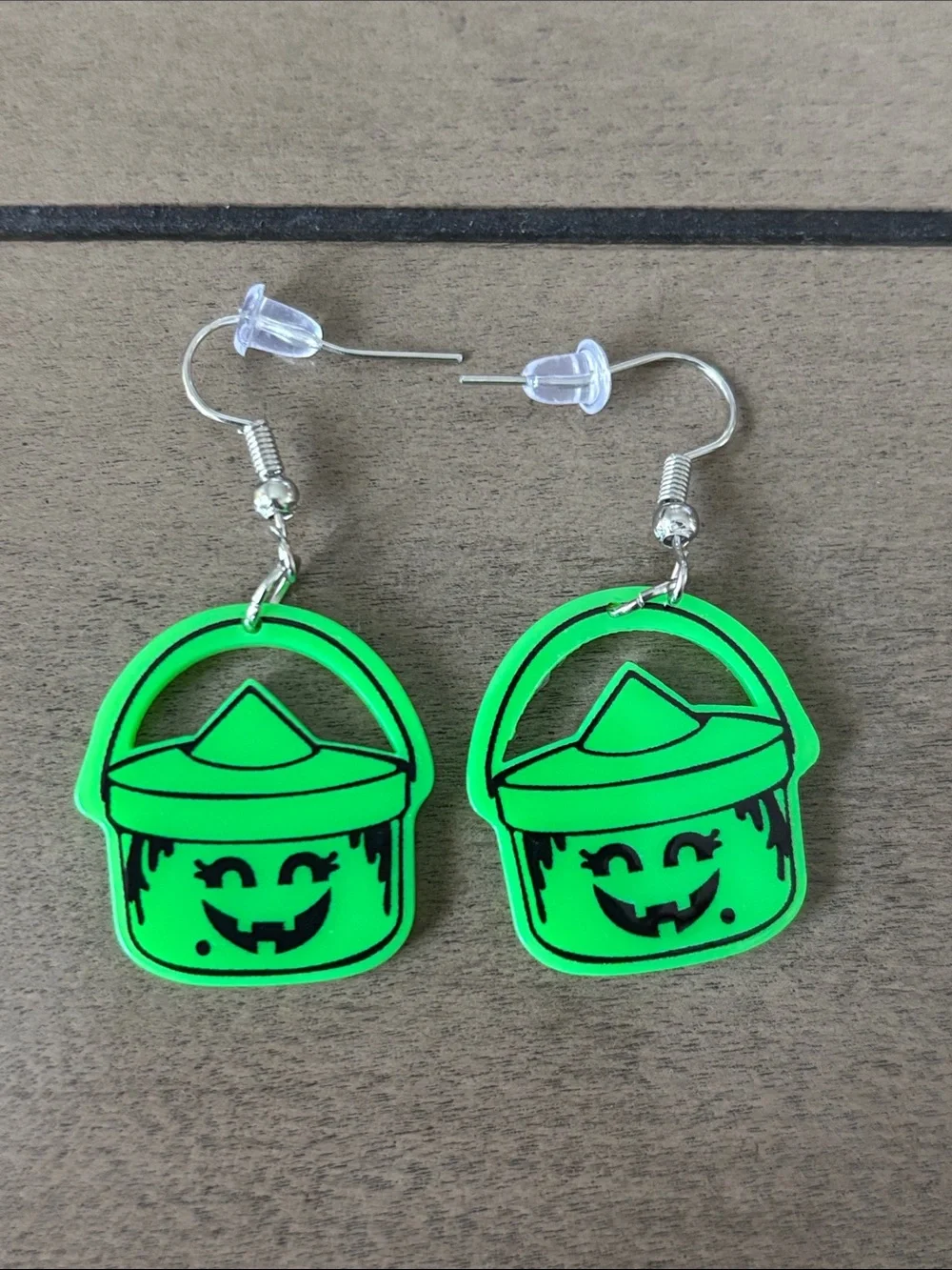 792. Green Pumpkin Trick or Treat Bucket Dangle Earrings NEW Stainless Steel